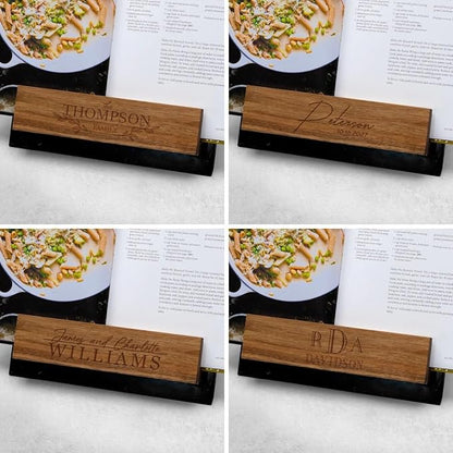 Personalized Cookbook Stand – Custom Engraved Acacia Wood & Black Marble Recipe Book Holder with Weighted Base – Rustic Design, Tablet & Cookbook Stand for Kitchen Counter, 12 × 11 × 7.5 