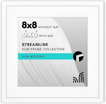 Americanflat 8x8 Picture Frame with Shatter-Resistant Glass - Use as 6x6 Frame with Mat or Display 8x8 Photo Without Mat - Streamline Collection - Square Frames for Tabletop or Wall - White