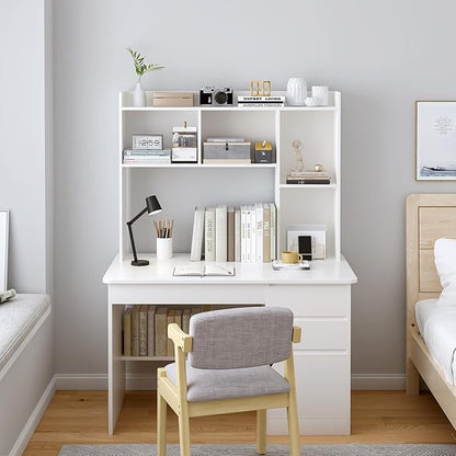 Wooden Desktop Hutch Bookshelf - Free Standing Desk Storage Shelf with Top Edge for Computer Desk, Desktop Bookcase for Dorm, Home or Office, Countertop Organizer, White, 45.3"
