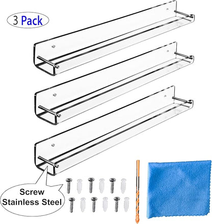AMT 3 Pack Acrylic Floating Shelves, 15 L x 1.8 W, Clear Bathroom Wall Shelf, Bookshelves, Invisible Display for Office, Bedroom, Small Gap Allows Water to Escape, Free Screws & Drill Bit (Small)