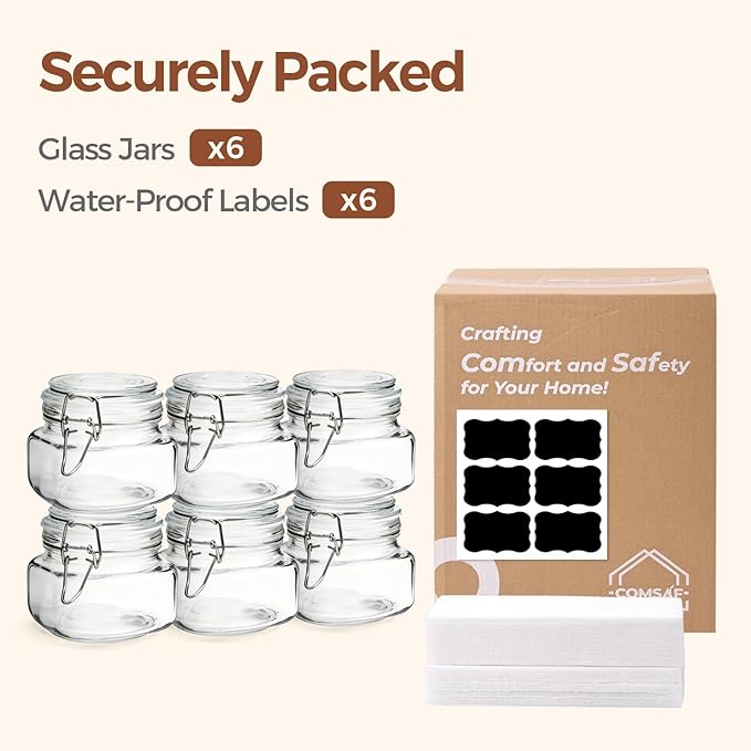 ComSaf 6 Pack 17 oz Glass Jars with Lid, Food Grade Glass Food Storage Containers with Labels Square Glass Food Storage Jars with Airtight lids, Air tight Jars for Pantry Storage & Pickling