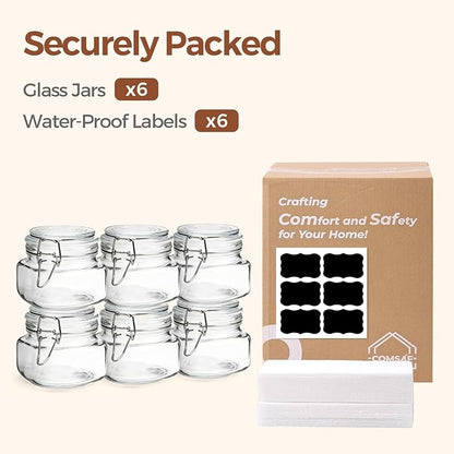 ComSaf 6 Pack 17 oz Glass Jars with Lid, Food Grade Glass Food Storage Containers with Labels Square Glass Food Storage Jars with Airtight lids, Air tight Jars for Pantry Storage & Pickling
