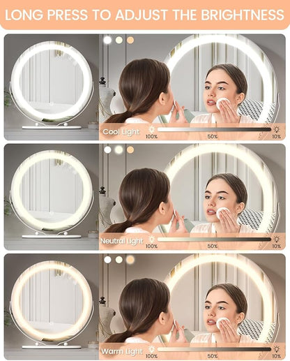 IDEALHOUSE 19 inch Makeup Mirror with Lights, Vanity Mirror with Smart Touch Control 3 Colors Dimmable Lights, 360°Rotation White Vanity Mirror for Bedroom, Tabletop and Desk Mirror