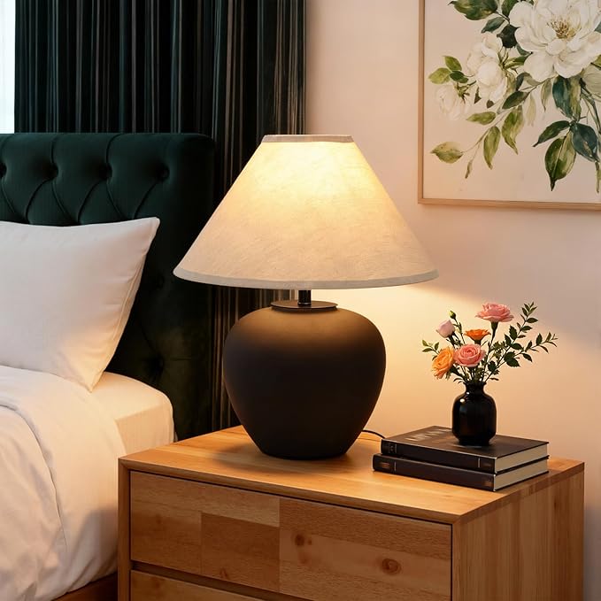 Ceramic Pot Table Lamp 18.5 inch Circular Frosted Nightstand Lamp, Tapered Fabric Shade Bedside, Ceramic Decorative for Living Room Bedroom House Office Entryway, TL1