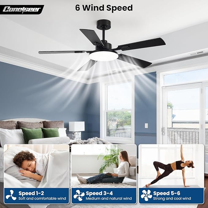 52 Inch Ceiling Fans with Lights and Remote for Bedroom Living Room Kitchen Office, Indoor/Outdoor Use, 5CCT Dimmable, 5 Blades, 6 Speed Reversible Quiet DC Motor, Black/Wood Grain