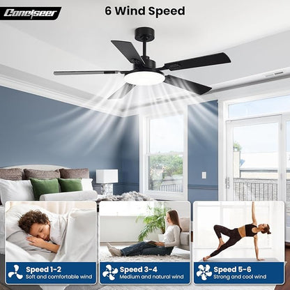 52 Inch Ceiling Fans with Lights and Remote for Bedroom Living Room Kitchen Office, Indoor/Outdoor Use, 5CCT Dimmable, 5 Blades 6 Speed Reversible Quiet DC Motor, Black/Wood Grain, 2 Pack