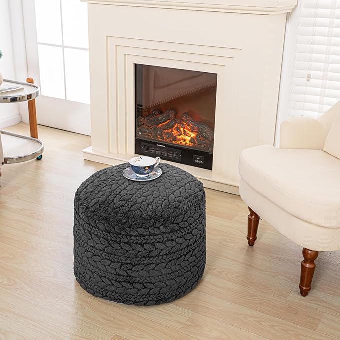 Unstuffed Ottoman Pouf Cover – Round Faux Fur Footstool Plush Floor Pouf (No Filler Included) Perfect for Living Room, Bedroom, or Office Lounge (Gray, 20x20x15 in)