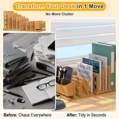 AO LI GEI Wood File Mail Organizer,Expandable Desktop Organizer Paper Sorter Pull Out from 4 to 7 Slots with Hanging Storage Box & Phone Stand,File Holders for Office Desk Home & School ﻿