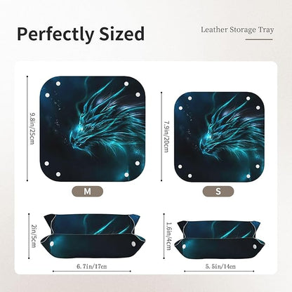Valet Tray for Men Husband Boyfriend Boys – Catchall Bedside Vanity Tray, Nightstand Caddy Leather Holder for Keys, Phone, Wallet, Coins, Trinkets & Jewelry Cool Blue Dragon 018