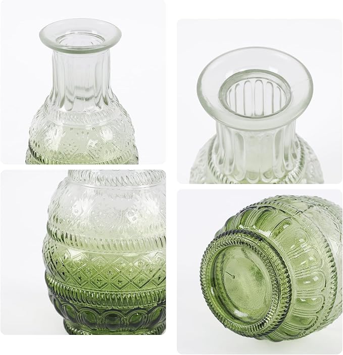 Vintage Olive Green Glass Bud Vases Set of 12, Assorted Decorative Mini Flower Vase Bulk for Centerpieces, Wedding, Home Decor Small Vases for Flowers, Table Decor, Party & Event, Baby Shower