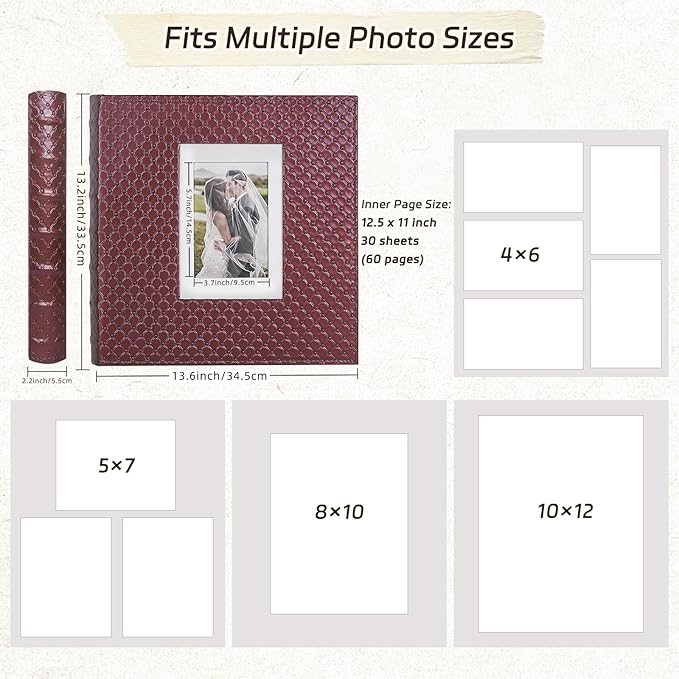 RECUTMS Photo Album 60 Pages Black Inner Button Grain Leather for 4x6 5x7 8x10 Pictures DIY Scrap Large Photo Book Baby Family Wedding Anniversary Self Adhesive Handmake Scrap Book（Wine Red）