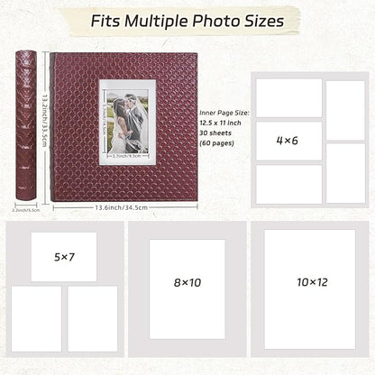 RECUTMS Photo Album 60 Pages Black Inner Button Grain Leather for 4x6 5x7 8x10 Pictures DIY Scrap Large Photo Book Baby Family Wedding Anniversary Self Adhesive Handmake Scrap Book（Wine Red）