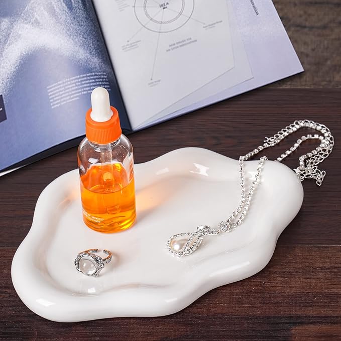 Ceramic Jewelry Tray Dish for Ring Key Trinket, Cute Cloud Shape Decorative Jewelry Plate Holder Room Decor Aesthetic Gift (White)