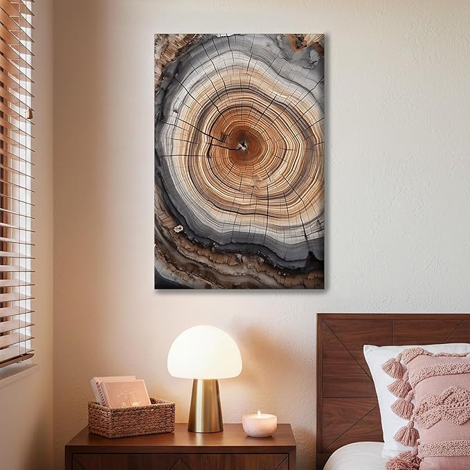 IBHJSART Framed Tree Ring Canvas Wall Art Vintage Colorful Wood Stump Painting Prints Modern Minimalist Pictures Neutral Nature Rustic Farmhouse Decor Living Room Bedroom Bathroom Office