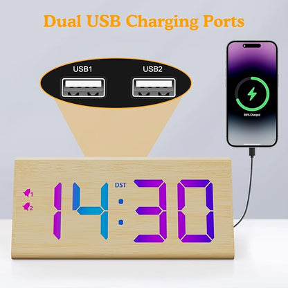 Wooden Digital Alarm Clock with Dual USB Charging Ports, DST, Dimmable, Snooze, RGB Colors, Modern Large Time Display LED Clock for Kids Bedrooms, Living Room, Desk,Table, Bedside,Nightstand (Bamboo)