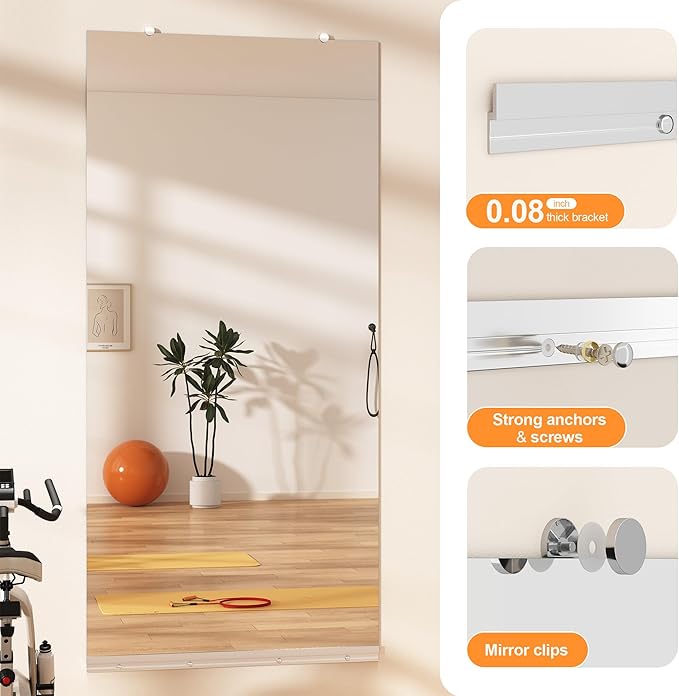 Hasipu Home Gym Mirror, 83"x40" Each, 2-Pack Frameless Wall Mounted Mirrors with Glass Clamps & 1 Aluminum Rail, Large Body Mirror for Home Gym, Yoga Studio, Bedroom, Silver Tempered Glass