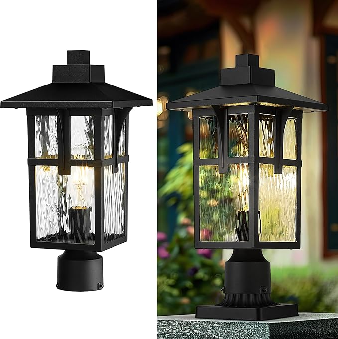 zeyu 16.7 Inch Outdoor Pole Light, Lamp Post Light Fixture for Garden Pathway, Die-Cast Aluminum with Water Ripple Glass, Black Finish, ZX1P-SW BK