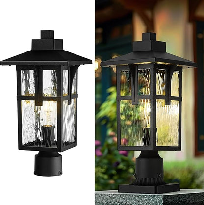zeyu 16.7 Inch Outdoor Pole Light, Lamp Post Light Fixture for Garden Pathway, Die-Cast Aluminum with Water Ripple Glass, Black Finish, ZX1P-SW BK
