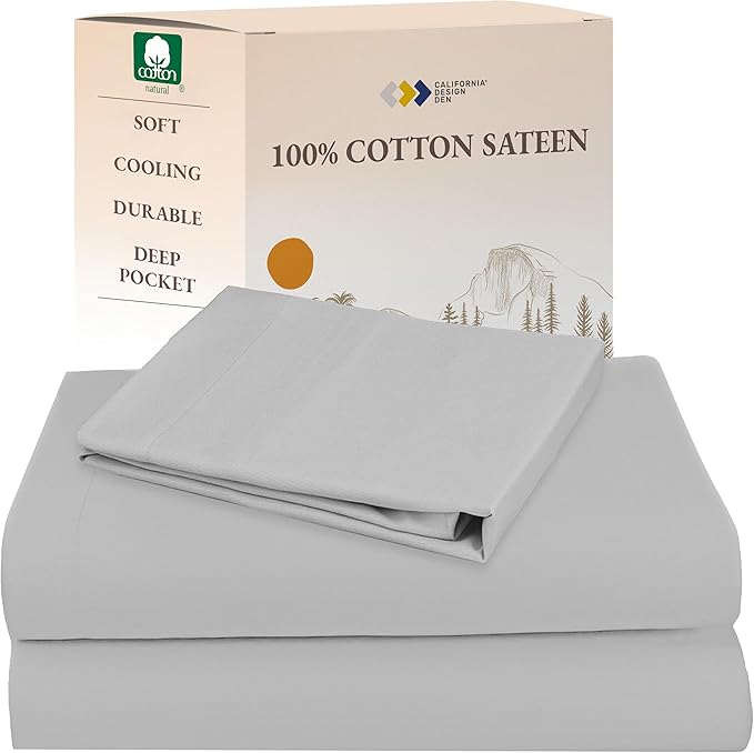 California Design Den Twin Bed Sheets Set - Natural 100% Cotton Sheets with Deep Pockets, Soft Sateen Weave, Breathable and Durable Bedding Set for Dorm Rooms, College (Light Grey)
