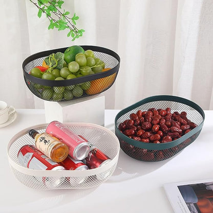 Metal Mesh Steel Basket, Oval Metal Wire Storage Organizer Baskets Multi Functional Kitchen Baskets Countertop Fruit Baskets Garden Harvest Basket for Kitchen Picnic Decor Cabinet Home, White