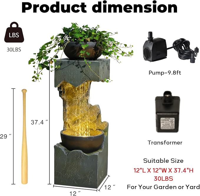 37.4''H 2-Tiered Rainfall Bowl Garden Water Fountain with LED Lights and Pebbles, Modern Crackled Stone Feature Waterfall for Porch, Deck, Yard, Patio, and Home Décor