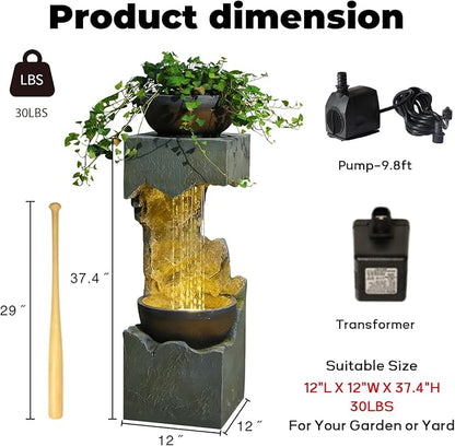 37.4''H 2-Tiered Rainfall Bowl Garden Water Fountain with LED Lights and Pebbles, Modern Crackled Stone Feature Waterfall for Porch, Deck, Yard, Patio, and Home Décor