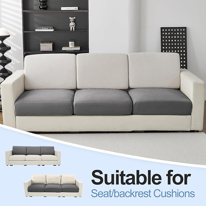 Individual Couch Cushion Covers, Non-Fuzzy Chenille Sofa Covers for Seat Cushions, Clean Look, Durable Stretch Fit Couch Slipcovers for Sectional and L Shaped Sofas (3 Piece, Grey)