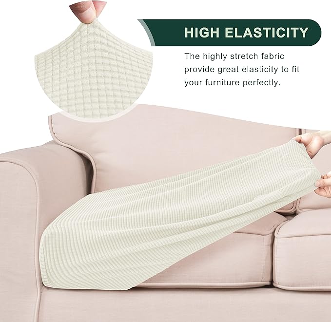 CHUN YI 3Piece Stretch Couch Cushion Covers, Sofa Seat Slipcovers for Pets, Suitable for Armchair Loveseat Sofa with Spandex Jacquard Washable Fabric(3Piece, Ivory White/Cream)