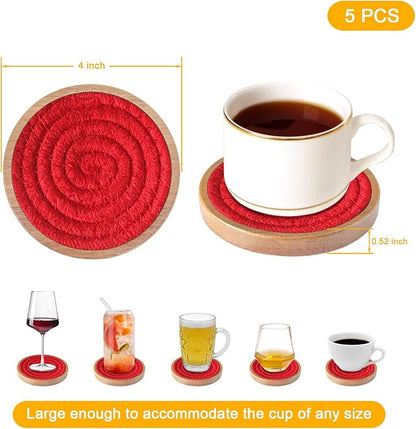 Coasters for Drinks Absorbent Sets of 5, Woven Coasters with Holder, Housewarming Gift for Farmhouse Home Decor, 4 inches (Red)