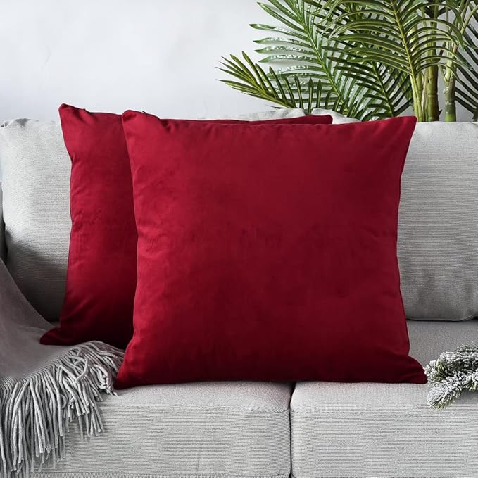 Set of 2 Comfortable Throw Pillow Covers for Bedding, Decorative Accent Cushion Sham Cases for Couch Sofa, Soft Solid Velvet with Zipper Hidden - 20"x20", Deep Red