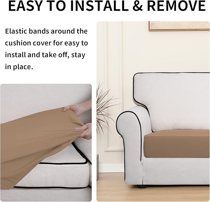 Easy-Going 100% Waterproof Chair Oversized Sofa Seat Cushion Slipcovers Couch Cushion Cover Stretch Furniture Protector for Kids, Pets (3-Piece Oversized Sofa Cushion, Camel)
