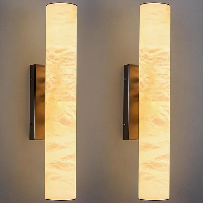 LMQNINE Natural Alabaster Wall Sconces Set of Two Spanish Marble Wall Light Cylinder Modern Black LED Sconce for Living Room Bedroom Bathroo Stairs（S-2Pack）