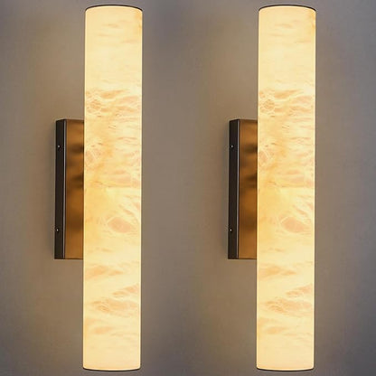 LMQNINE Natural Alabaster Wall Sconces Set of Two Spanish Marble Wall Light Cylinder Modern Black LED Sconce for Living Room Bedroom Bathroo Stairs（S-2Pack）