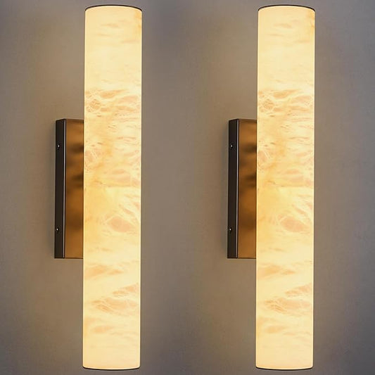 LMQNINE Natural Alabaster Wall Sconces Set of Two Spanish Marble Wall Light Cylinder Modern Black LED Sconce for Living Room Bedroom Bathroo Stairs（S-2Pack）