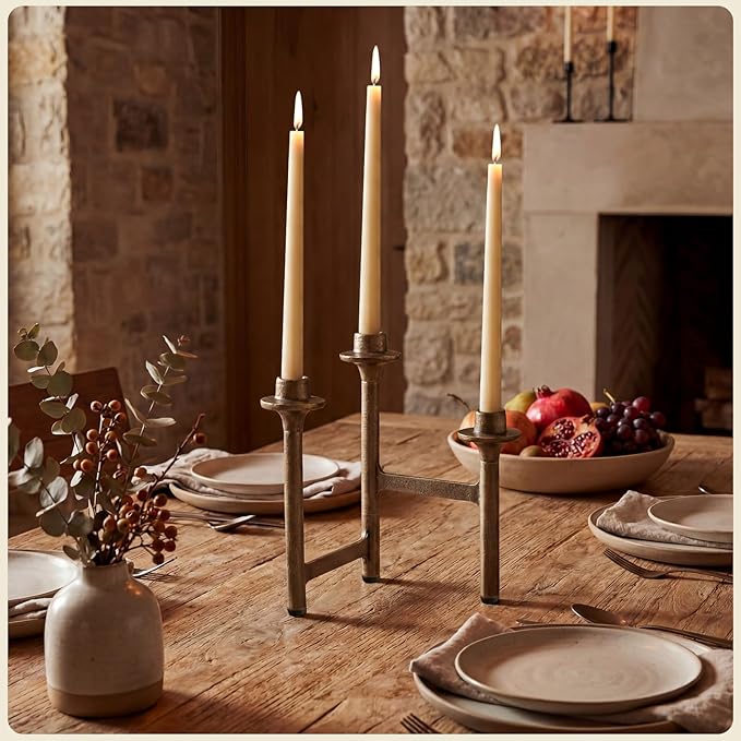 3 Arm Taper Brass Candelabra Vintage Foldable Metal Candle Holder for Fireplace Mantel Entryway Table Home Decor 10.25" H x 14" W x 2.5" D