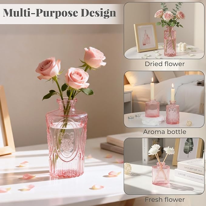BEAHOT 32 Pack Pink Bud Flower Vase in Bulk,Mini Vintage Glass Bud Vases for Centerpieces,Wedding Decor,Party & Home Decaration,Mother's Day (Pink)