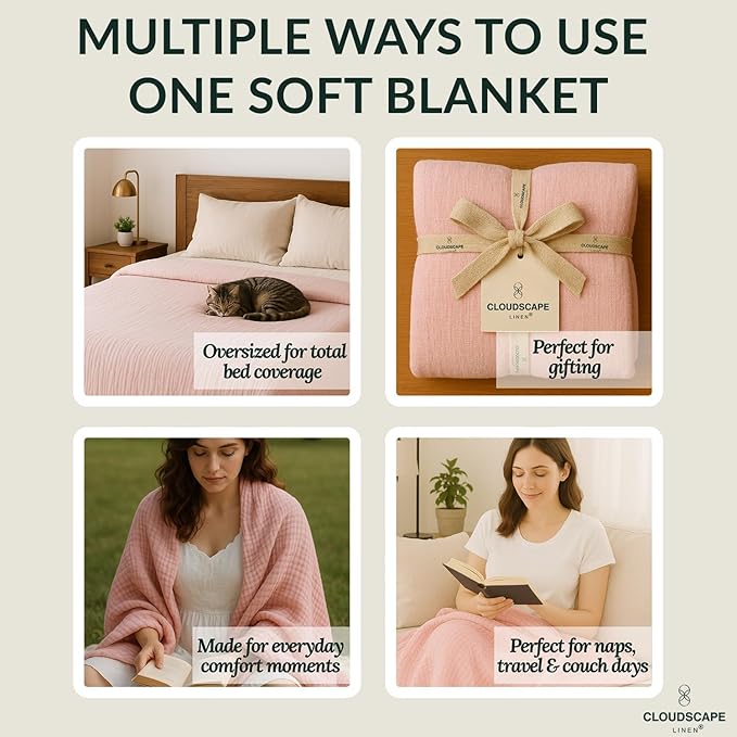 Luxury 100% Cotton Muslin Blanket Twin Size, 4 Layer 68x90 Fits Upto TwinXL Bed, Soft Cotton Gauze Quilt, Layering Winter Blankets for Bed, All Season Seashell Pink Bedding