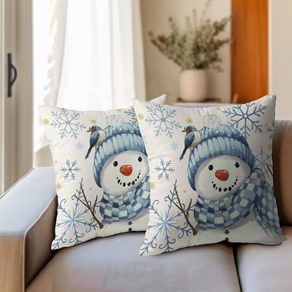 Christmas Pillow Covers 24x24 Set of 2 Blue Snowman Throw Pillow Covers Winter Pillowcase Linen Decoration Farmhouse Bird Cozy Soft Cushion Case Couch for Indoor Outdoor Home Decor