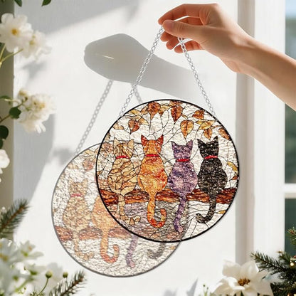 Chrismas Acrylic Stained Glass Window Hanging,Cat Sun Catcher Decor Stained Panel Hangings Wall Art Decor, 8x8inch (SCL037Cat)