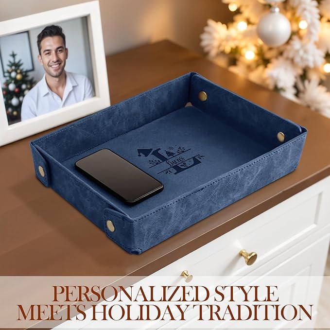 Engraved Christmas Blue Leather Valet Tray – Personalized Rectangle Catchall Organizer for Wallet, Keys, and Jewelry – Gift for Men, Dad, Couples – Dresser Top or Coffee Table Tray Decor