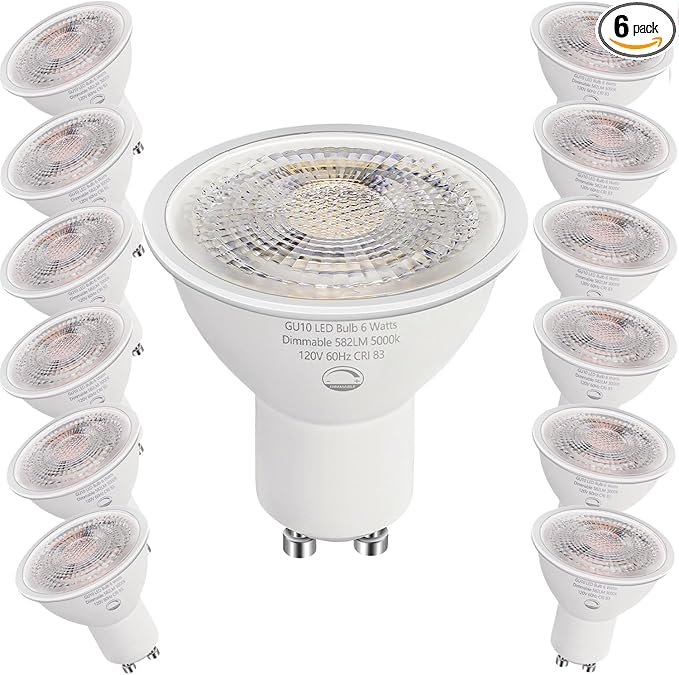 12 Pack GU10 LED Light Bulbs, 6W Dimmable, 50W Equivalent, 582LM 5000K Daylight
