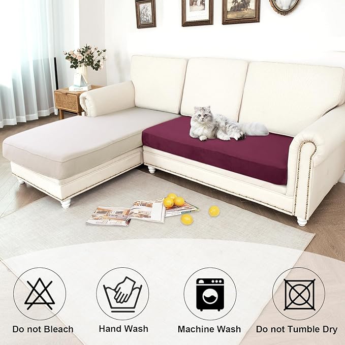 NAISI Waterproof Couch Cushion Covers Thick Velvet Fabric Washable Sofa Slipcovers 1 Piece Individual Sectional Couch Covers with Elastic Bottom(1 PC for 2-Seat Cushion or Loveseat,Burgundy)