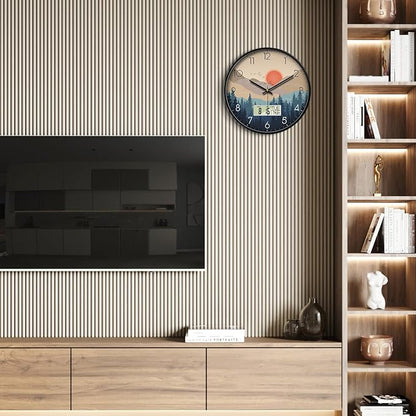 Silent Wall Clock with Day Week Temperature Wilderness with Sunset Non-ticking Battery Operated Large Digital Modern Clocks Display with Calendar and Date for Kitchen Farmhouse Bathroom Office 14 Inch