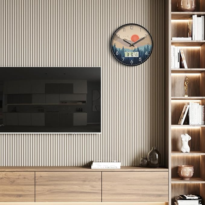 Silent Wall Clock with Day Week Temperature Wilderness with Sunset Non-ticking Battery Operated Large Digital Modern Clocks Display with Calendar and Date for Kitchen Farmhouse Bathroom Office 12 Inch