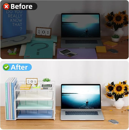 Marbrasse Desk Organizer and Accessories，4-Tier Paper Letter Tray Organizer with File Holder，Desk Accessories & Workspace Desktop Organizers for School Home Office Supplies (White)