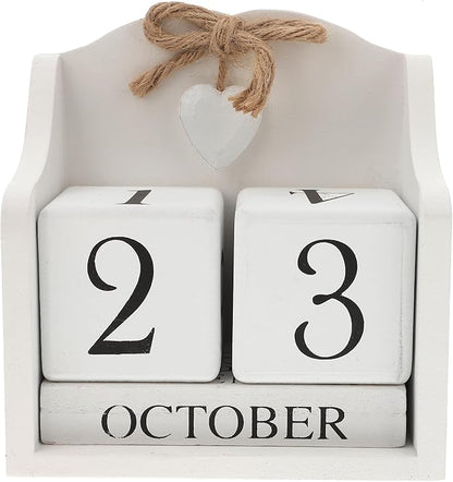 ULTNICE Wooden Perpetual Calendar Decorative Block for Home and Office Rustic European Style Date Display with White Finish Ideal Photography Prop and Desk Accessory (5.7 X 5.9 in)