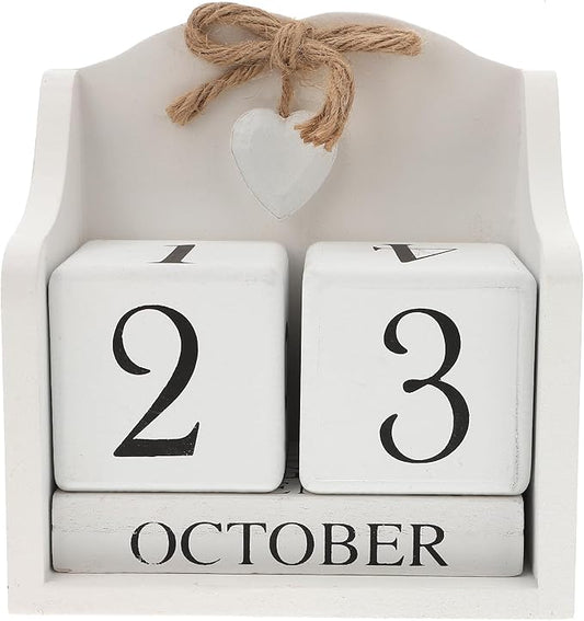 ULTNICE Wooden Perpetual Calendar Decorative Block for Home and Office Rustic European Style Date Display with White Finish Ideal Photography Prop and Desk Accessory (5.7 X 5.9 in)