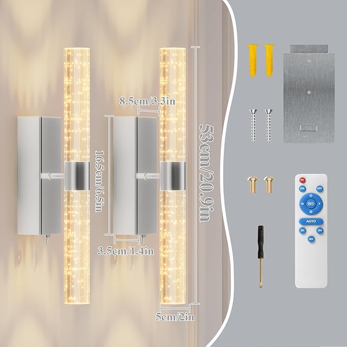 camuucci Battery Operated Sliver Wall Sconces Set of 2 Rechargeable Battery Powered Wall Light with 18000mAh Not Hardwired Dimmable Wall Lamp Fixtures for Bedroom Living Room 20.9 Inches