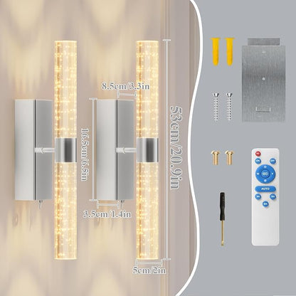 camuucci Battery Operated Sliver Wall Sconces Set of 2 Rechargeable Battery Powered Wall Light with 18000mAh Not Hardwired Dimmable Wall Lamp Fixtures for Bedroom Living Room 20.9 Inches