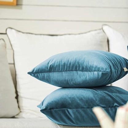 FY FIBER HOUSE Pack of 2 Velvet Throw Pillow Covers Decorative Square Pillowcase Soft Solid Cushion Case for Sofa/Couch Use, 16 x 16 Inch, Light Blue